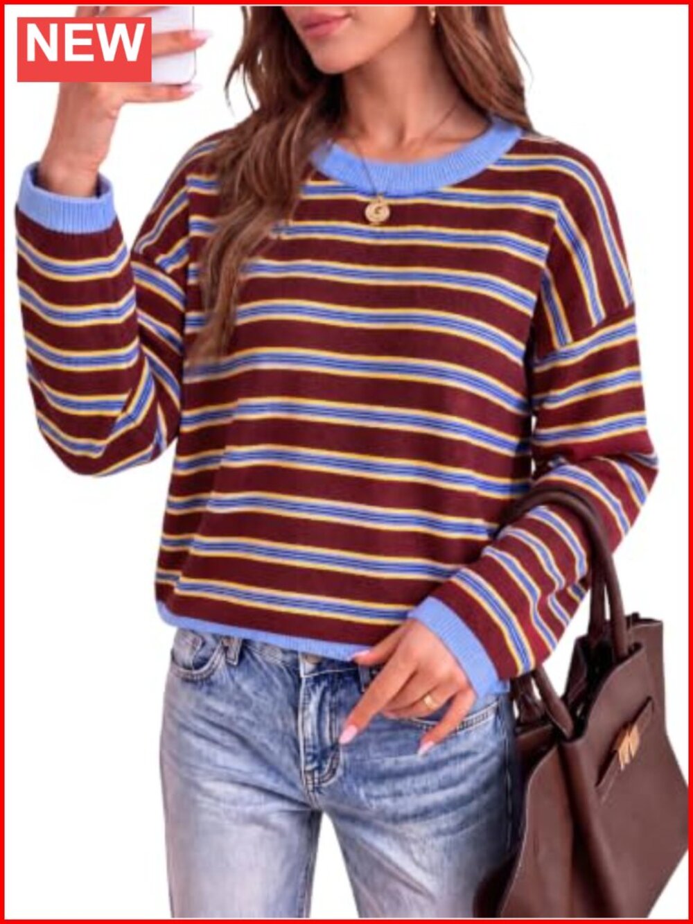 Oversized Striped Knit Pullover Sweater Crew Neck Long Sleeve